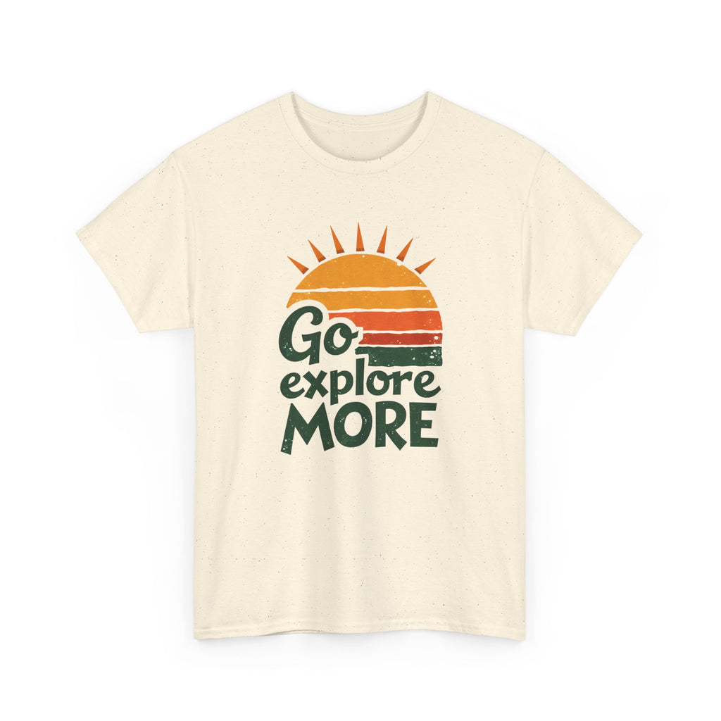 Beige t-shirt with 'Go explore MORE' text and sun graphic on a white background