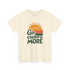Beige t-shirt with 'Go explore MORE' text and sun graphic on a white background