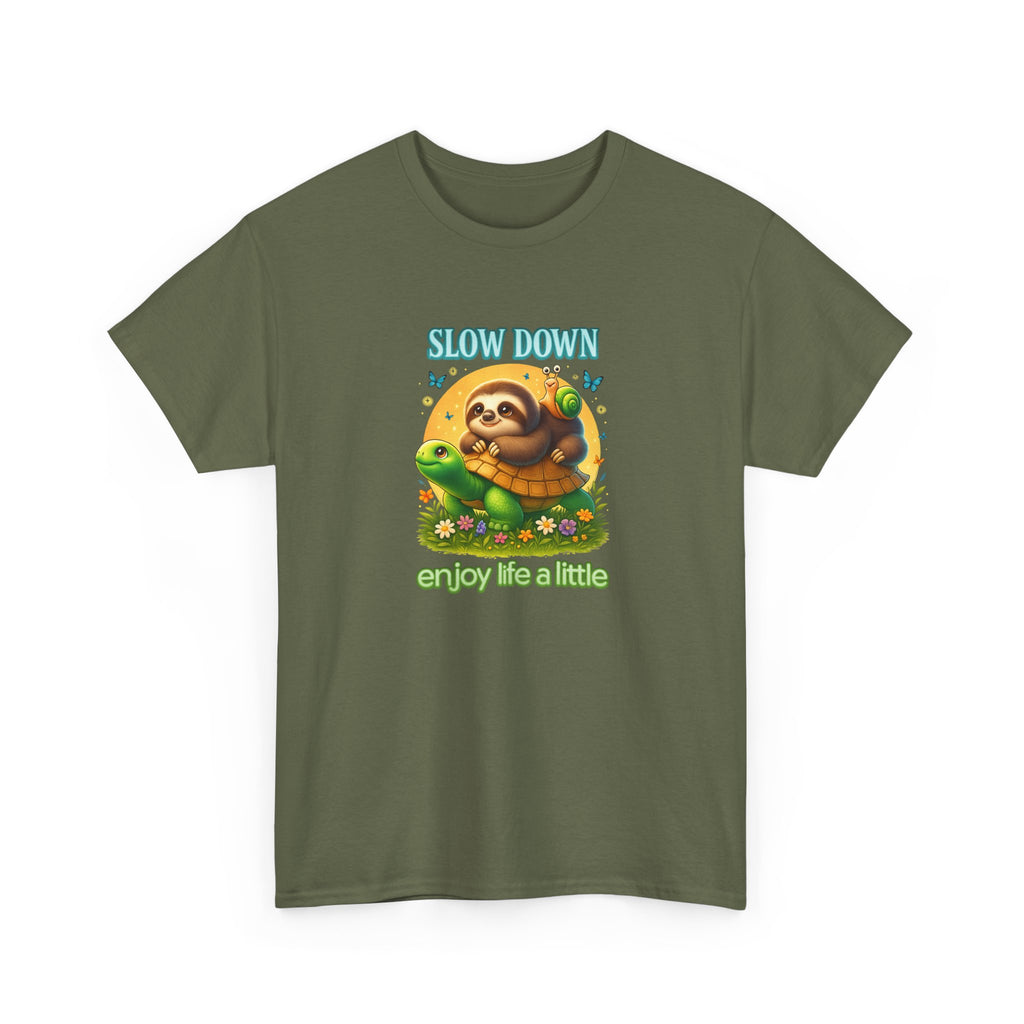 Slow Down Turtle Sloth & Snail V-Neck Tee — "Enjoy Life a Little" Relaxed Graphic Shirt
