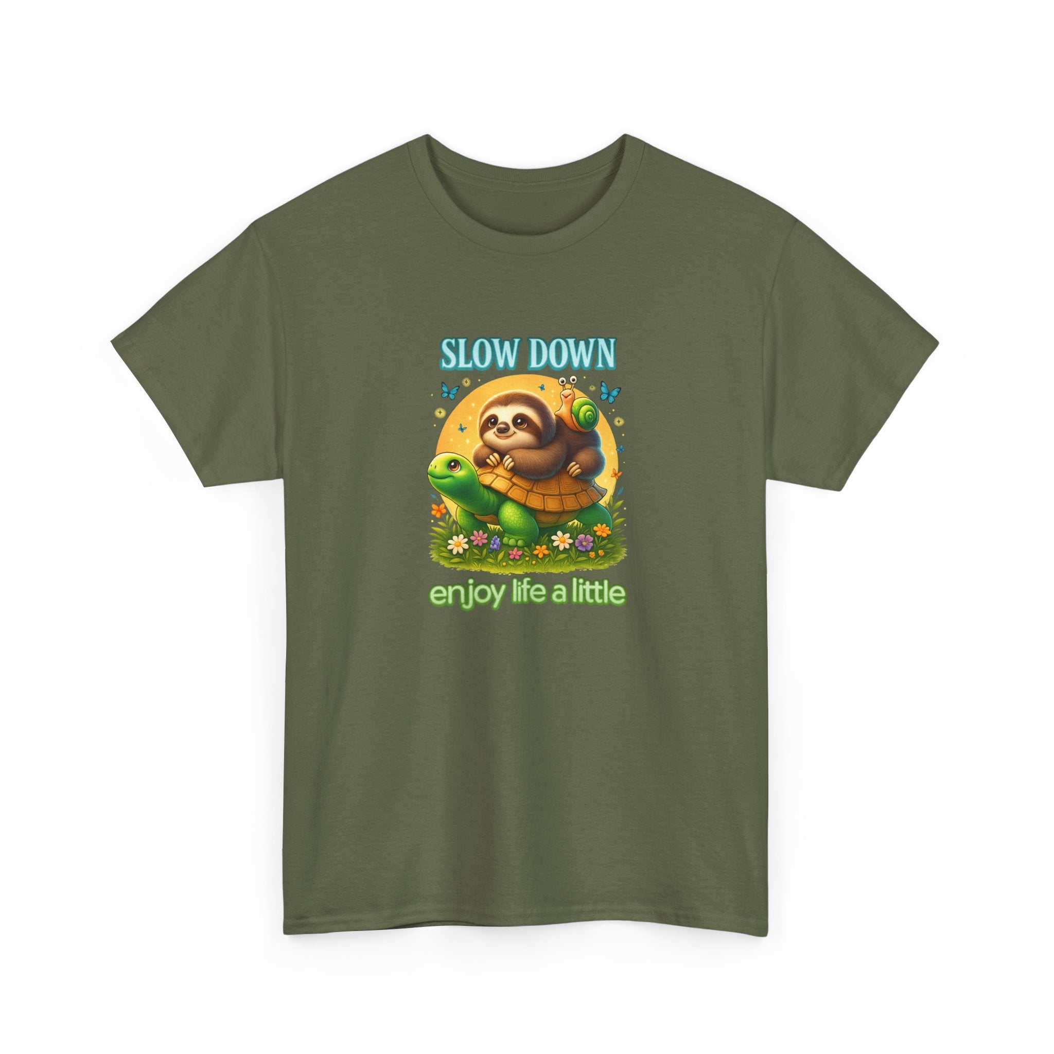 Slow Down Turtle Sloth & Snail V-Neck Tee — "Enjoy Life a Little" Relaxed Graphic Shirt