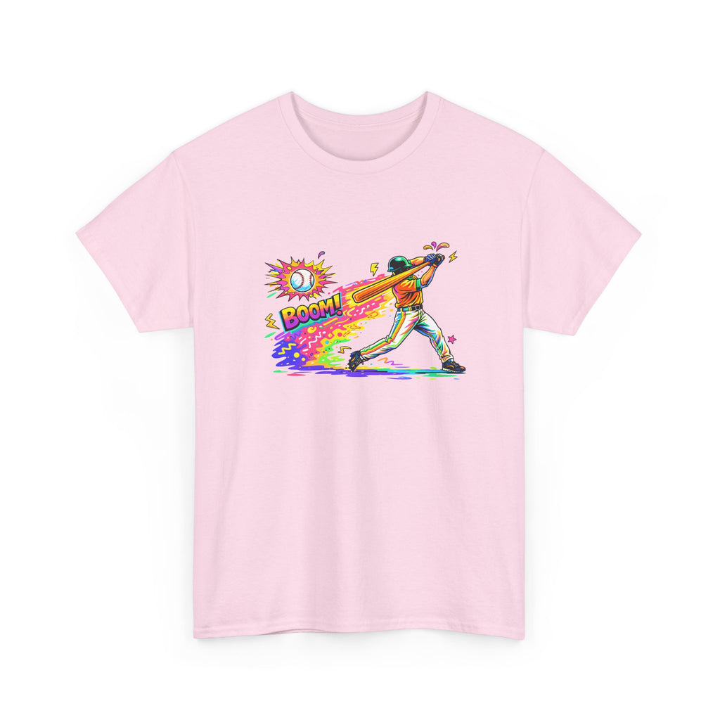 Baseball Batter Rainbow Blast Tee — 'Boom!' Graphic Sports T-Shirt