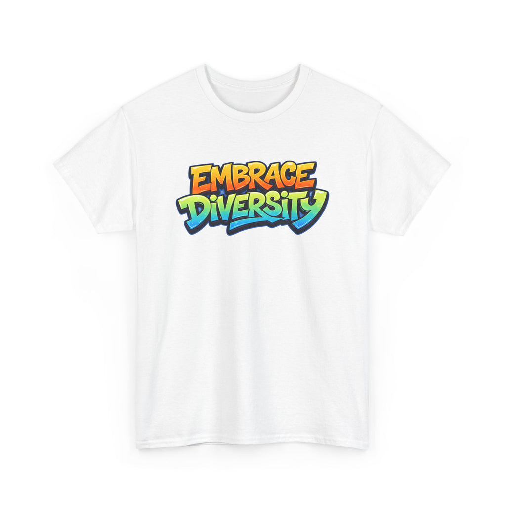 White t-shirt with 'Embrace Diversity' text in colorful letters on a white background