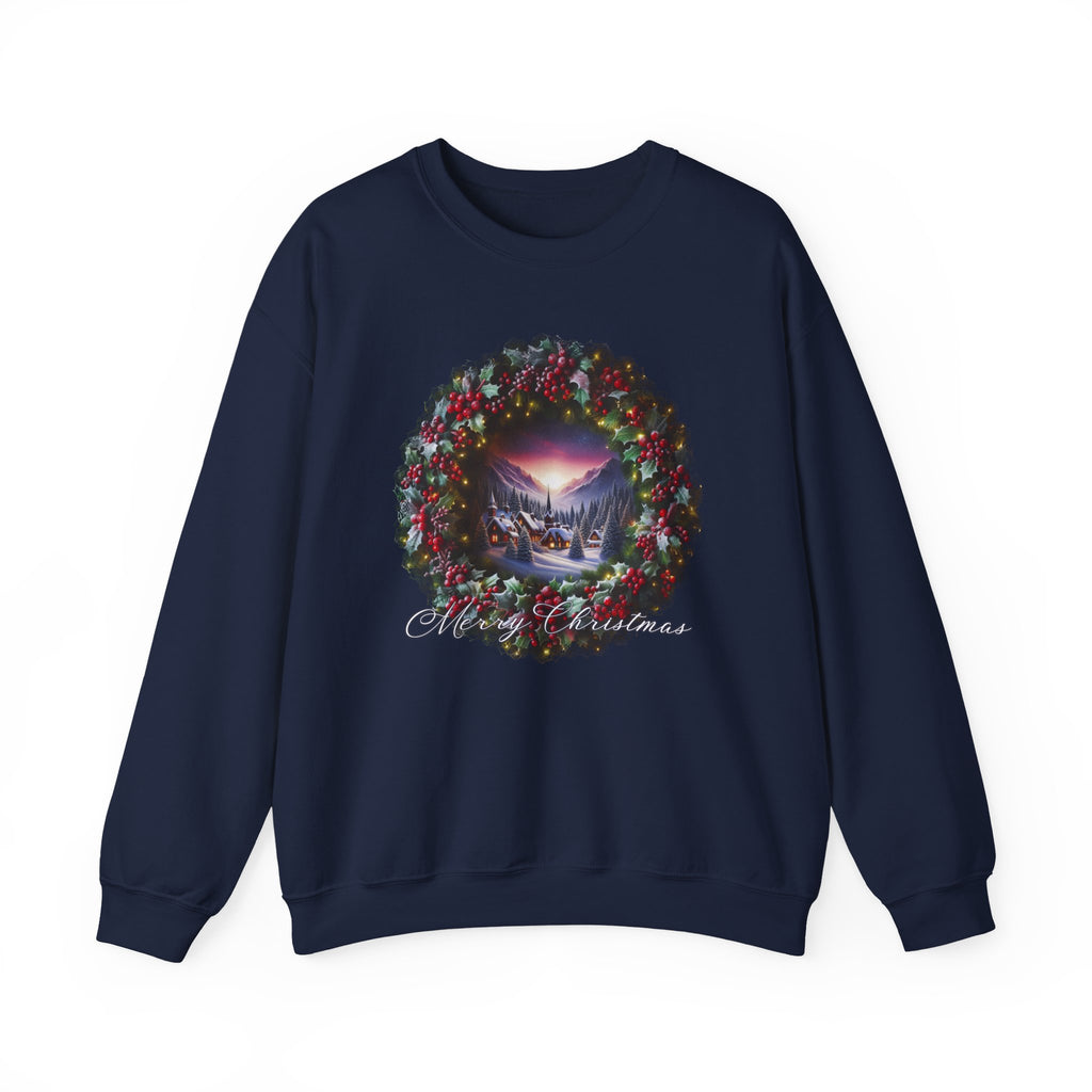 Christmas Wreath Crewneck Sweatshirt — Vintage Winter Scene Christmas Wishes