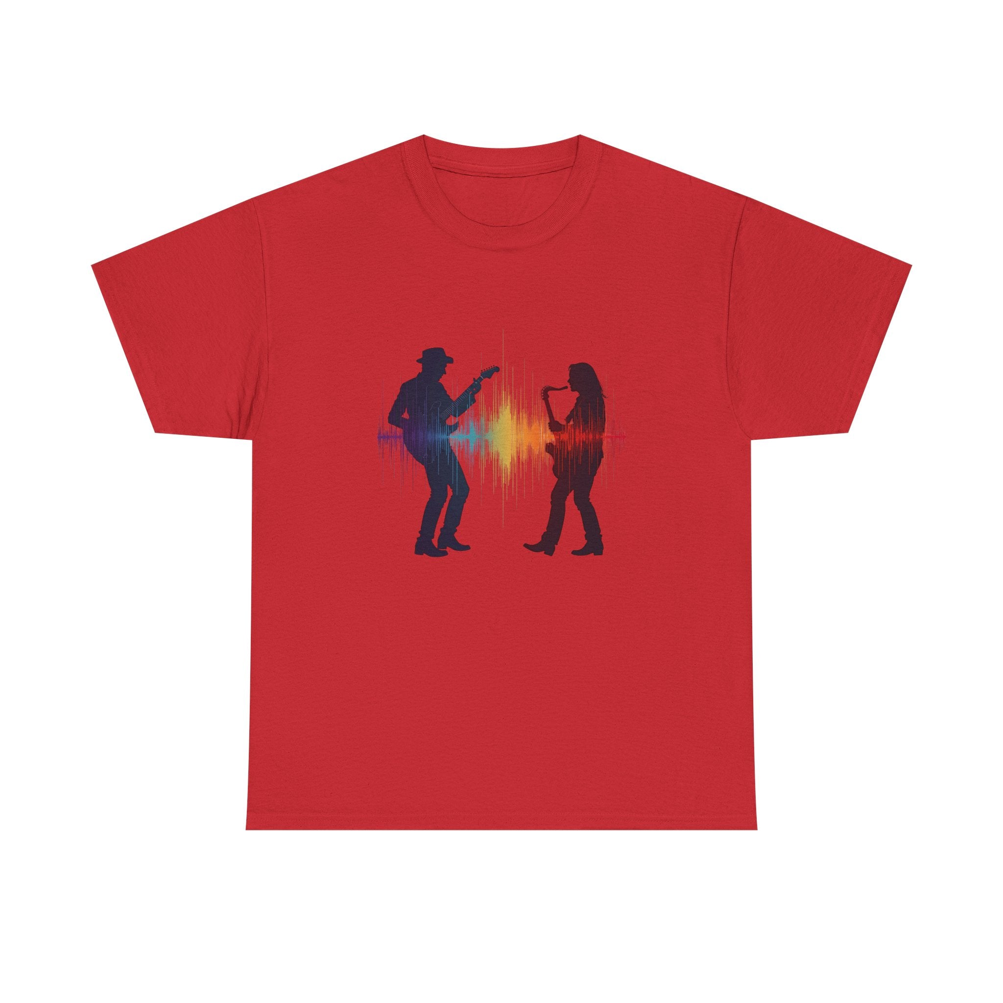 Music Lovers T‑Shirt – Guitarist & Singer Silhouette with Colorful Soundwave