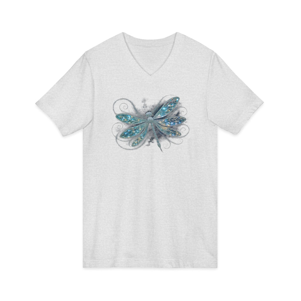 Dragonfly V-Neck Tee — Blue Glitter Floral Wing Graphic
