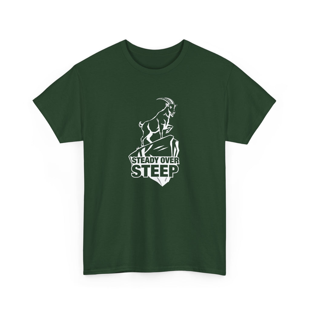 Steady Over Steep Mountain Goat T-Shirt — Motivational Hiking Logo Tee
