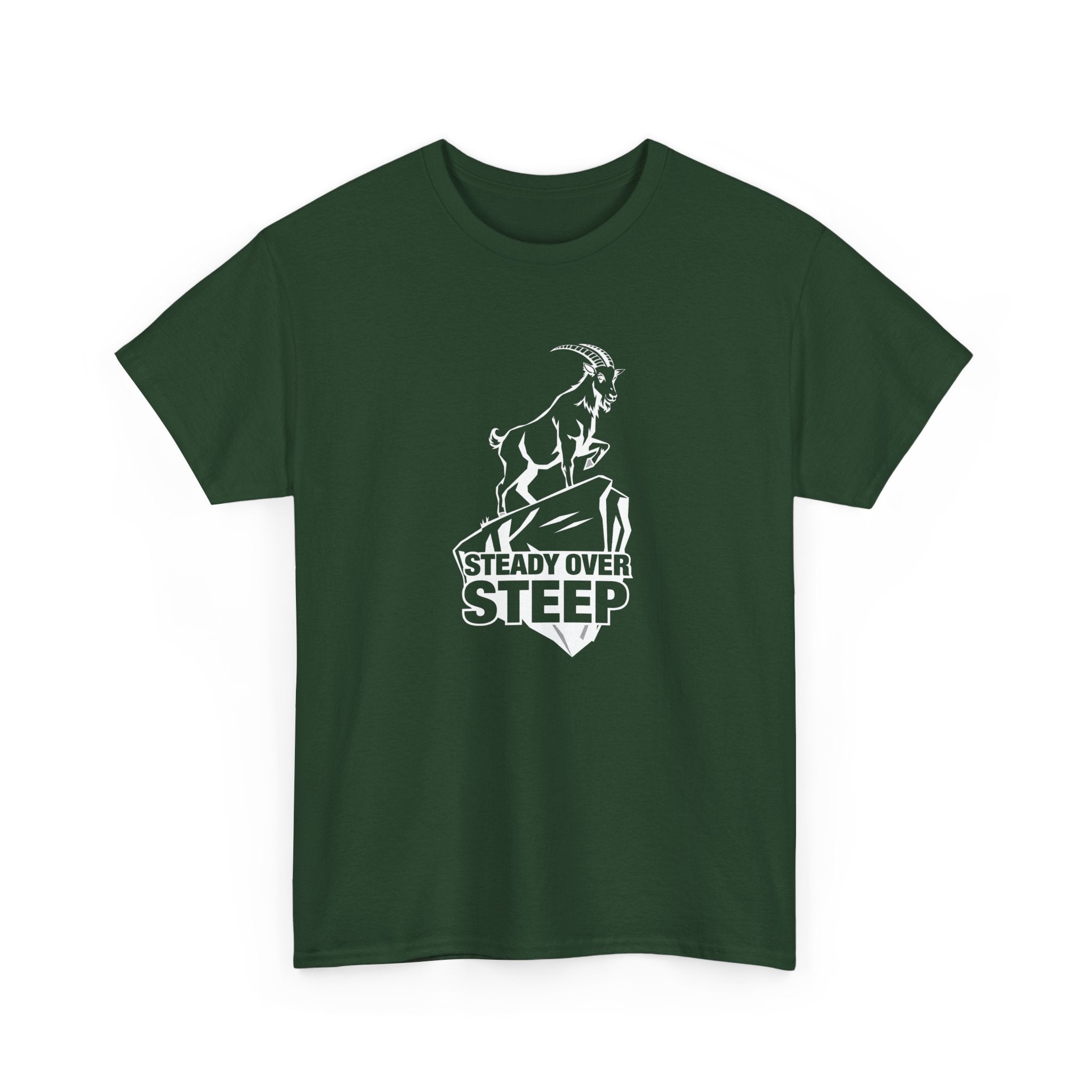Steady Over Steep Mountain Goat T-Shirt — Motivational Hiking Logo Tee