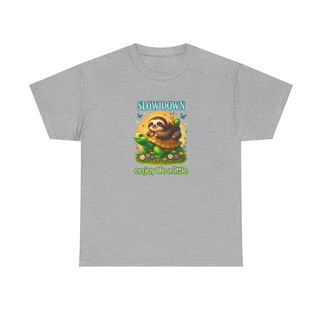 Slow Down Turtle Sloth & Snail V-Neck Tee — "Enjoy Life a Little" Relaxed Graphic Shirt