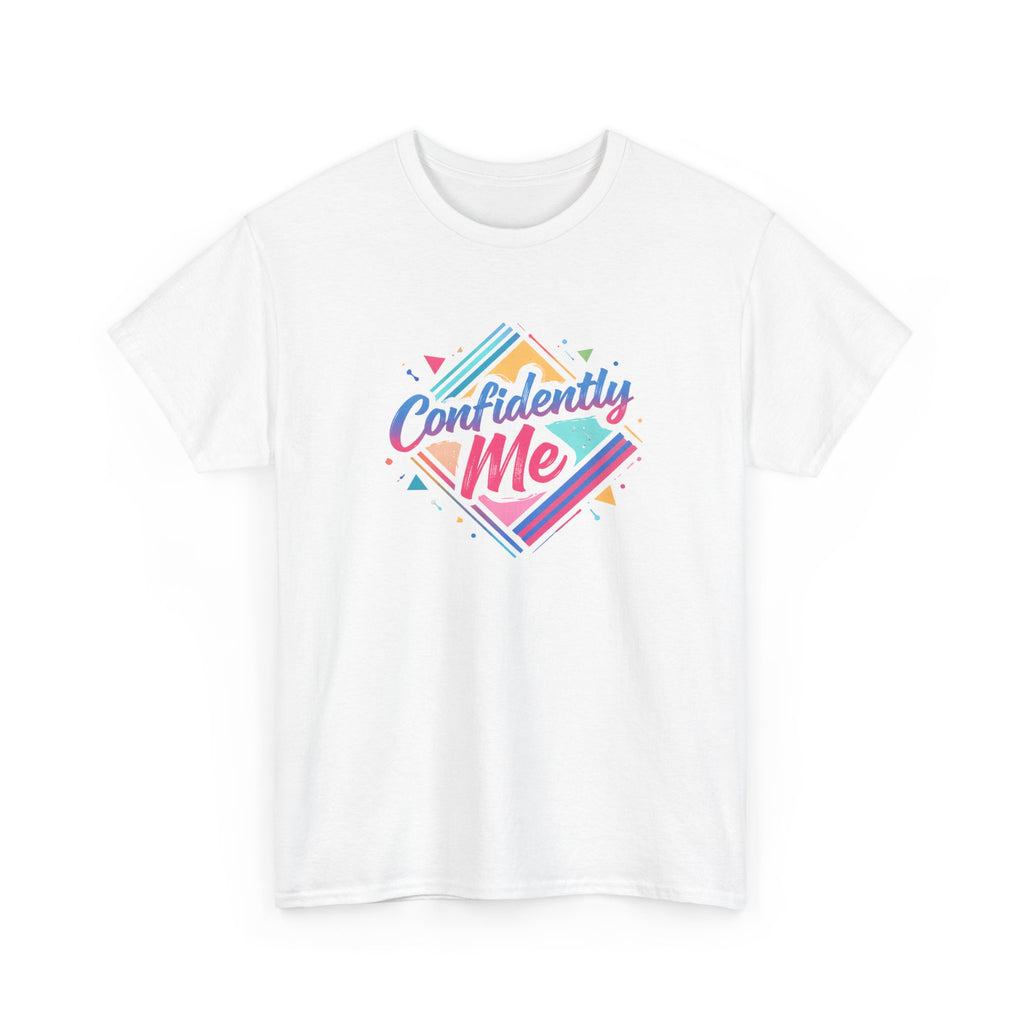 White t-shirt with colorful 'Confidently Me' design on a white background