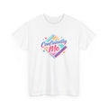 White t-shirt with colorful 'Confidently Me' design on a white background