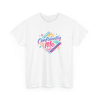 White t-shirt with colorful 'Confidently Me' design on a white background
