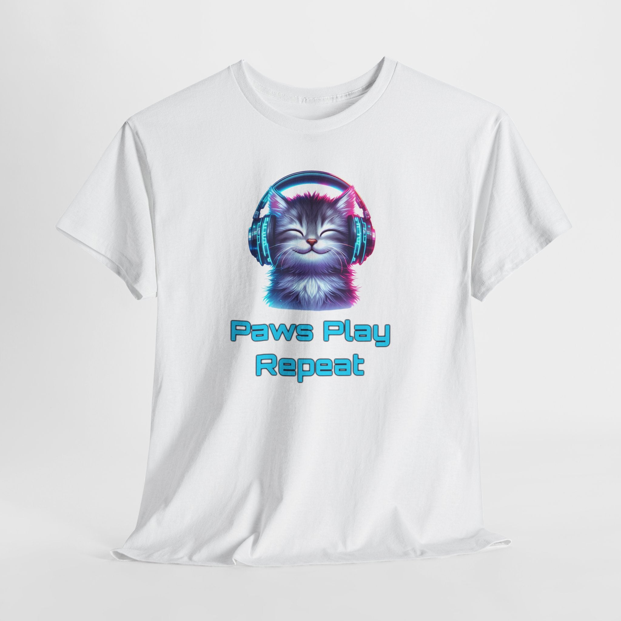 Cat Headphones T-Shirt - "Paws Play Repeat" Cute Music Cat Tee