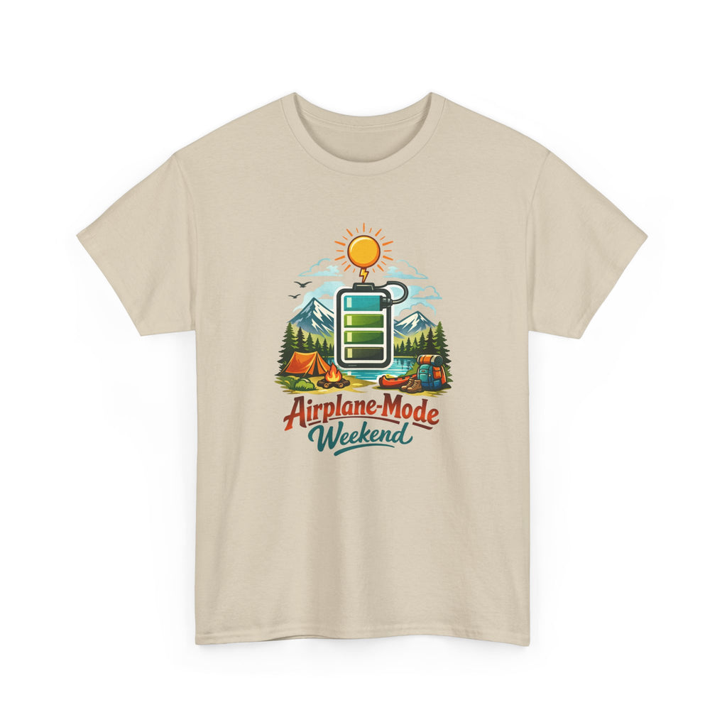 Beige t-shirt with 'Airplane Mode Weekend' graphic design on a white background