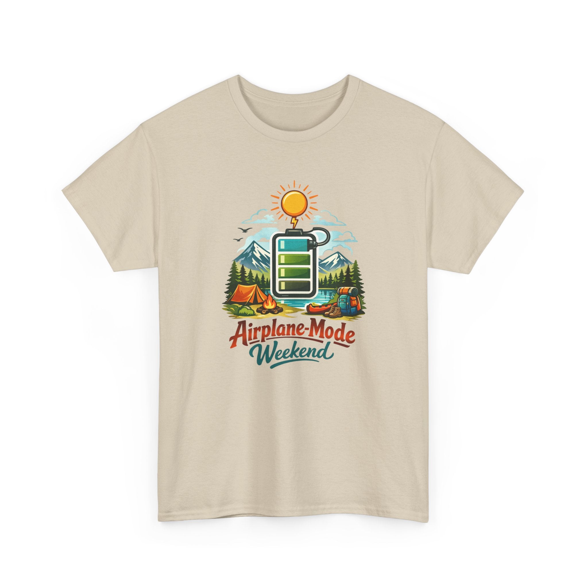 Beige t-shirt with 'Airplane Mode Weekend' graphic design on a white background