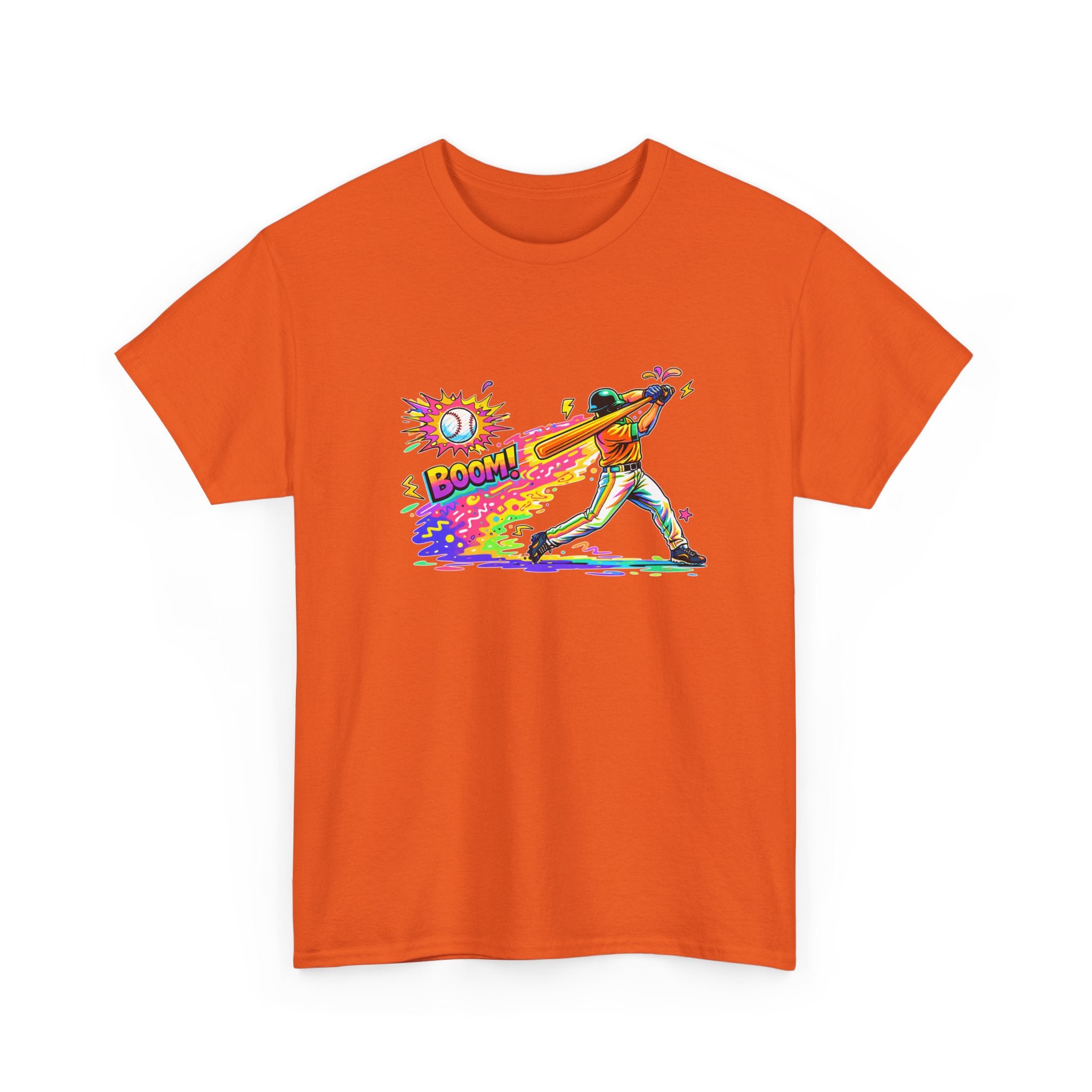 Baseball Batter Rainbow Blast Tee — 'Boom!' Graphic Sports T-Shirt