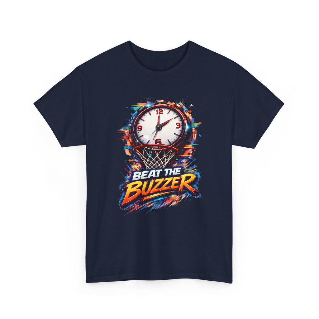 Navy blue t-shirt with 'Beat the Buzzer' graphic design featuring a clock and basketball hoop on a white background.