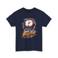 Navy blue t-shirt with 'Beat the Buzzer' graphic design featuring a clock and basketball hoop on a white background.