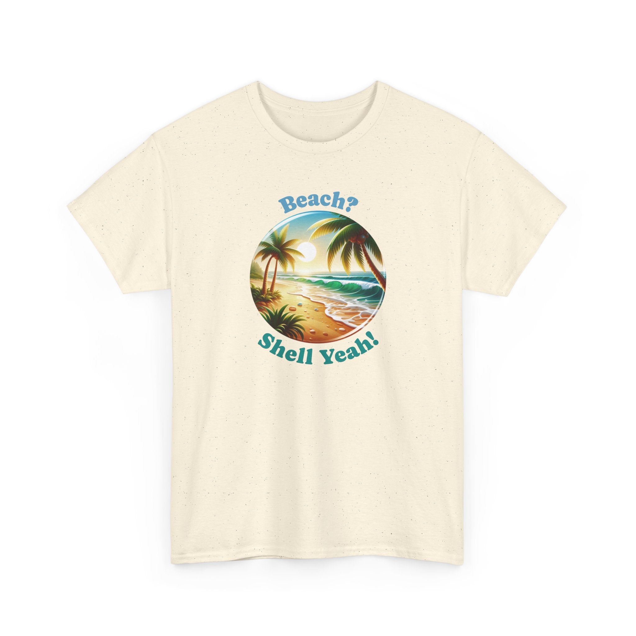a beach graphic with palm trees in the middle with the text 'beach? shell yeah!'