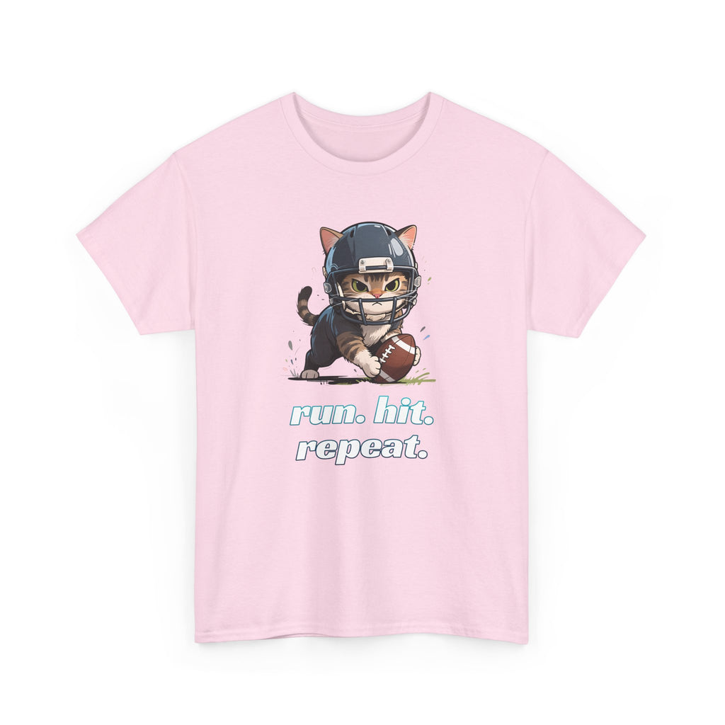 Funny Football Cat T-Shirt — "Run. Hit. Repeat." Cute Helmet Kitten Tee for Football Fans