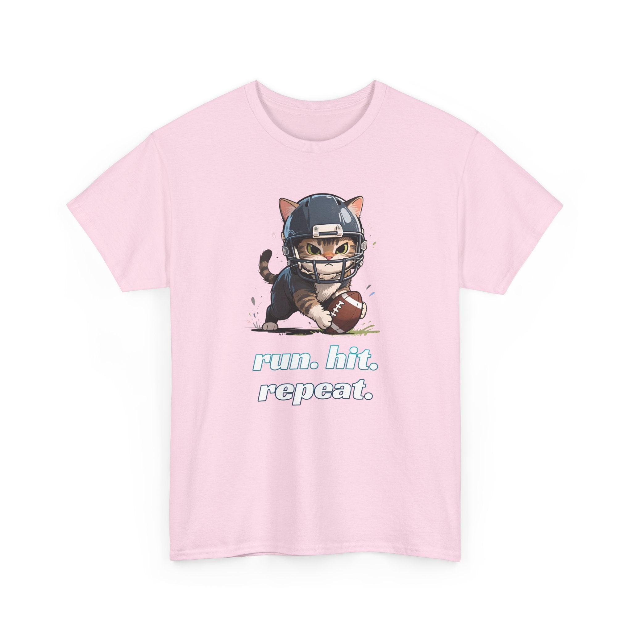 Funny Football Cat T-Shirt — "Run. Hit. Repeat." Cute Helmet Kitten Tee for Football Fans