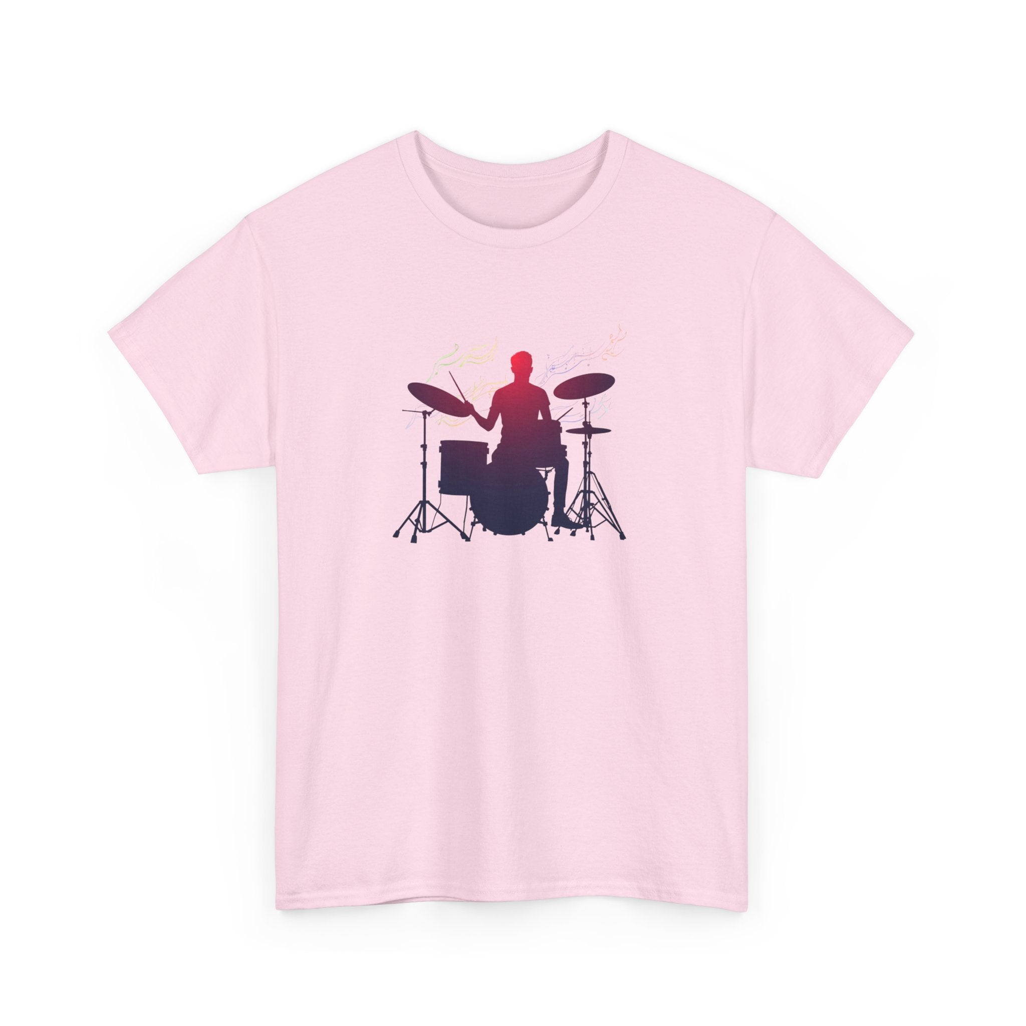 Drummer Silhouette T‑Shirt — Gradient Drum Kit Tee for Musicians & Band Fans