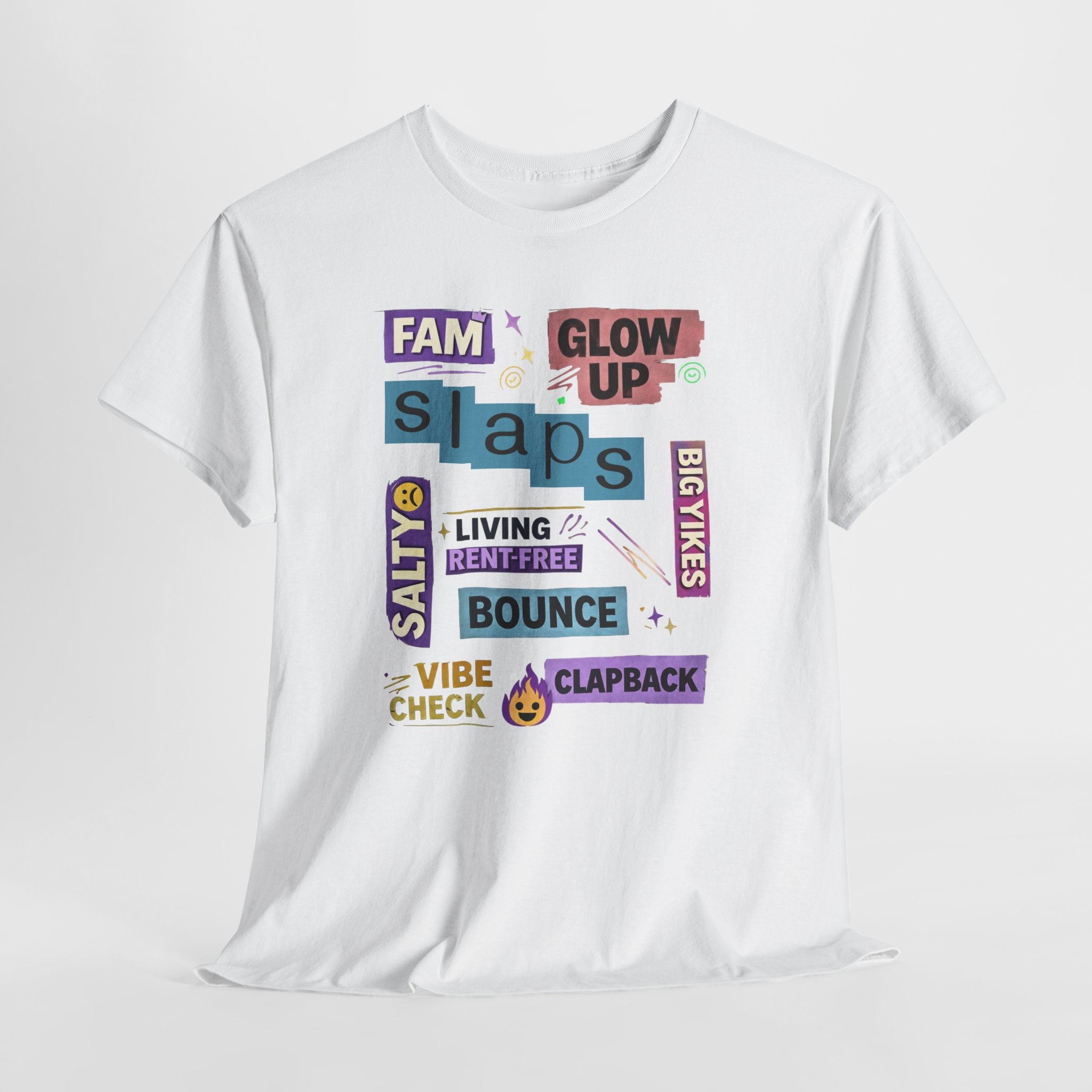 Gen Z Graphic Tee — Trendy Sticker-Style Words Design
