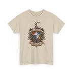 Beige t-shirt with mountain-themed graphic of ibex and mountain climbing gear and text 'go higher the mountain is calling' on a white background