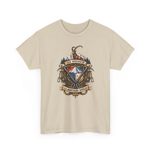 Beige t-shirt with mountain-themed graphic of ibex and mountain climbing gear and text 'go higher the mountain is calling' on a white background