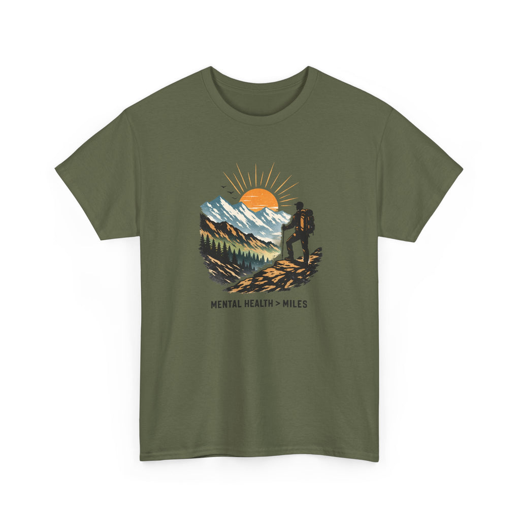 Hiking Graphic Tee — "Mental Health > Miles" Mountain Sunset Shirt