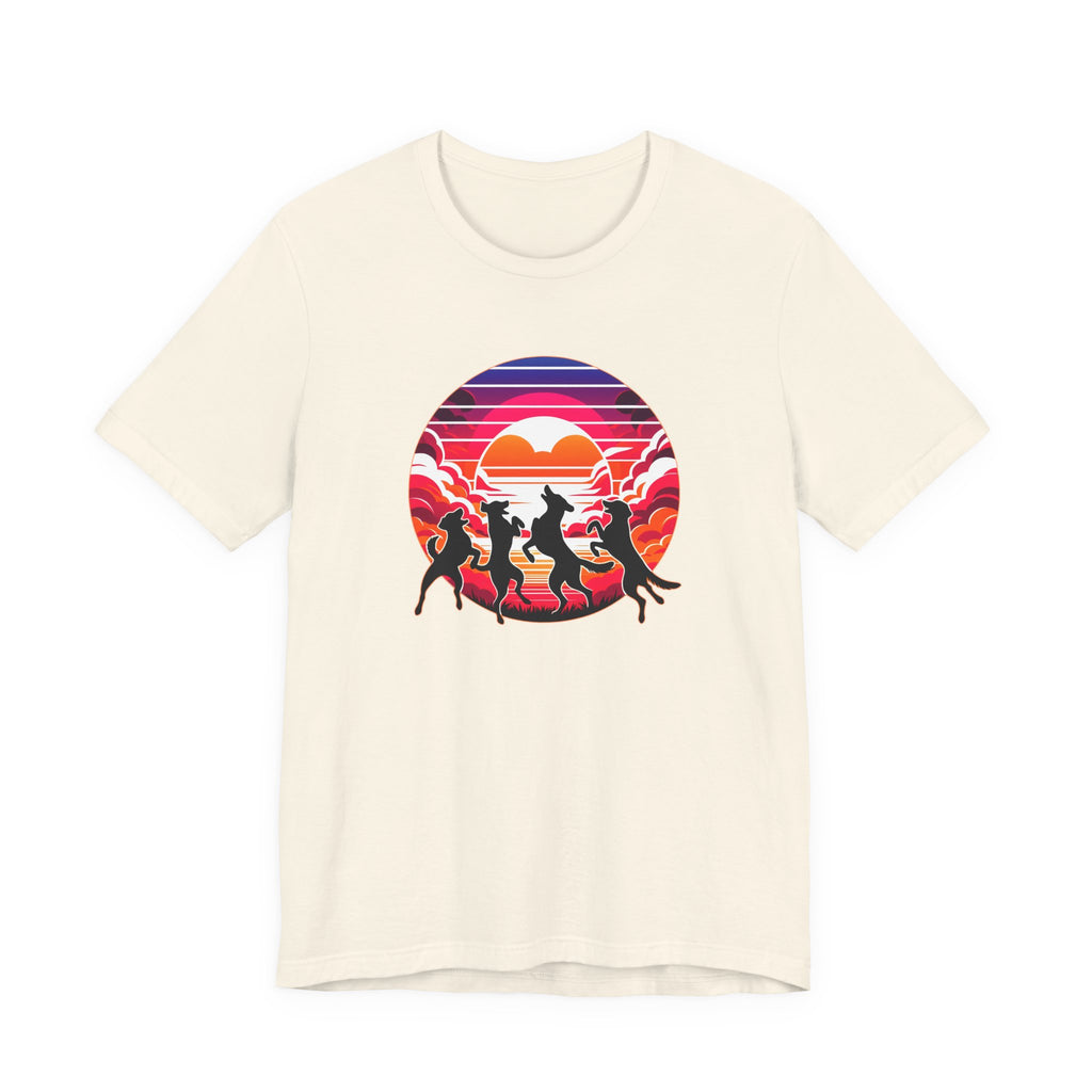 Retro Sunset Dancing Dogs T-Shirt — Vintage Rainbow Skyline Graphic Tee