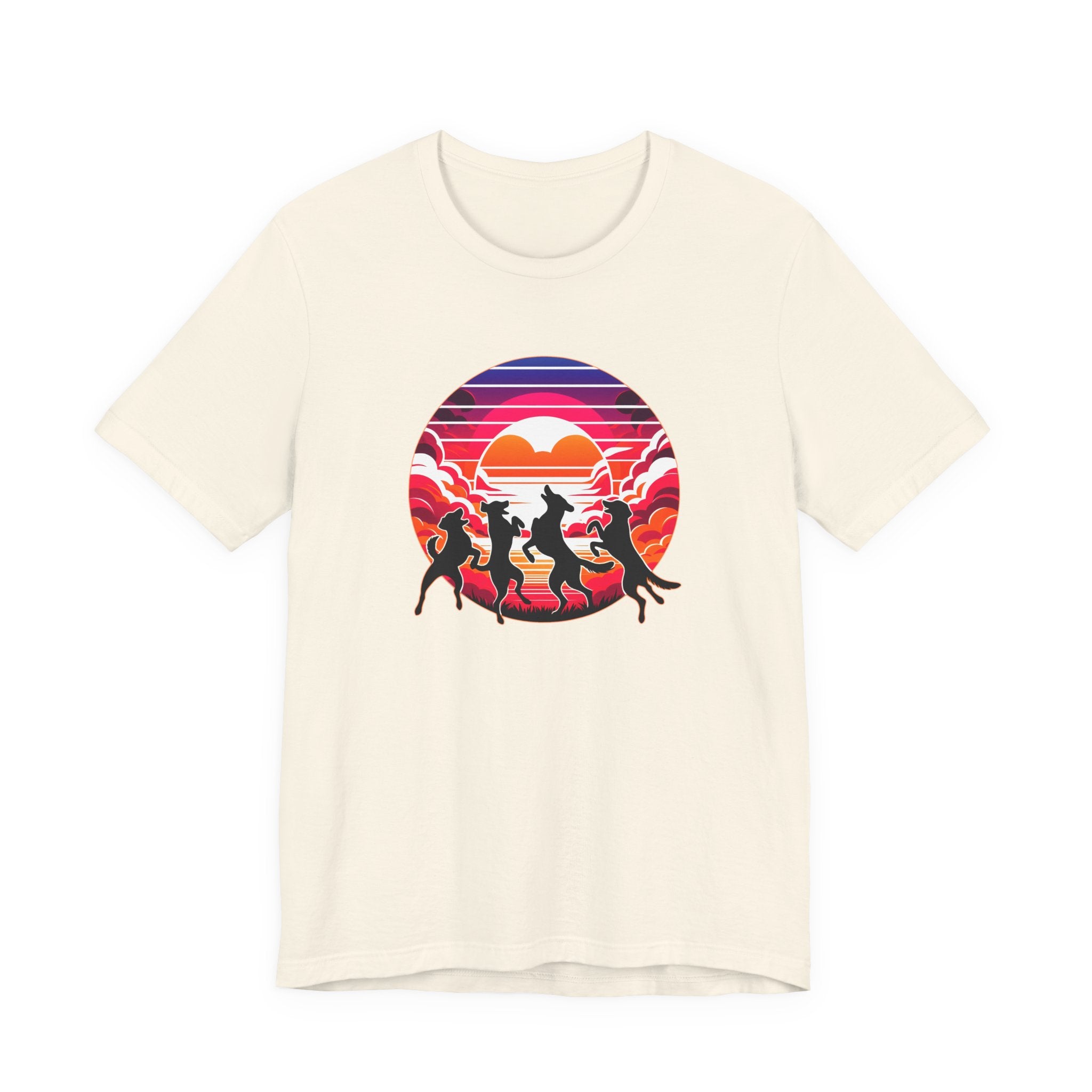 Retro Sunset Dancing Dogs T-Shirt — Vintage Rainbow Skyline Graphic Tee