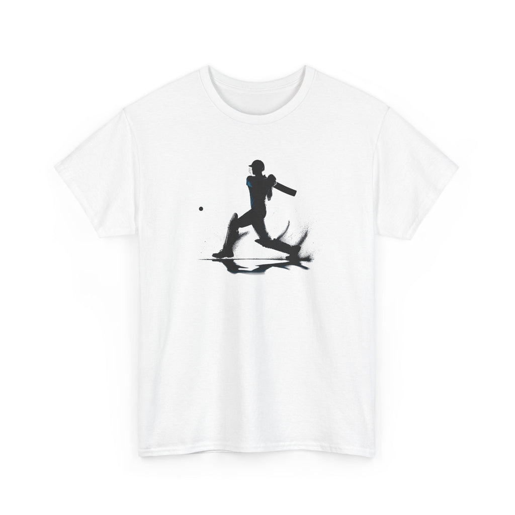 White t-shirt with black graphic of a person playing cricket and a ball on a white background