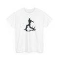 White t-shirt with black graphic of a person playing cricket and a ball on a white background