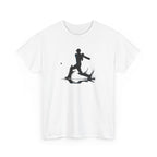 White t-shirt with black graphic of a person playing cricket and a ball on a white background