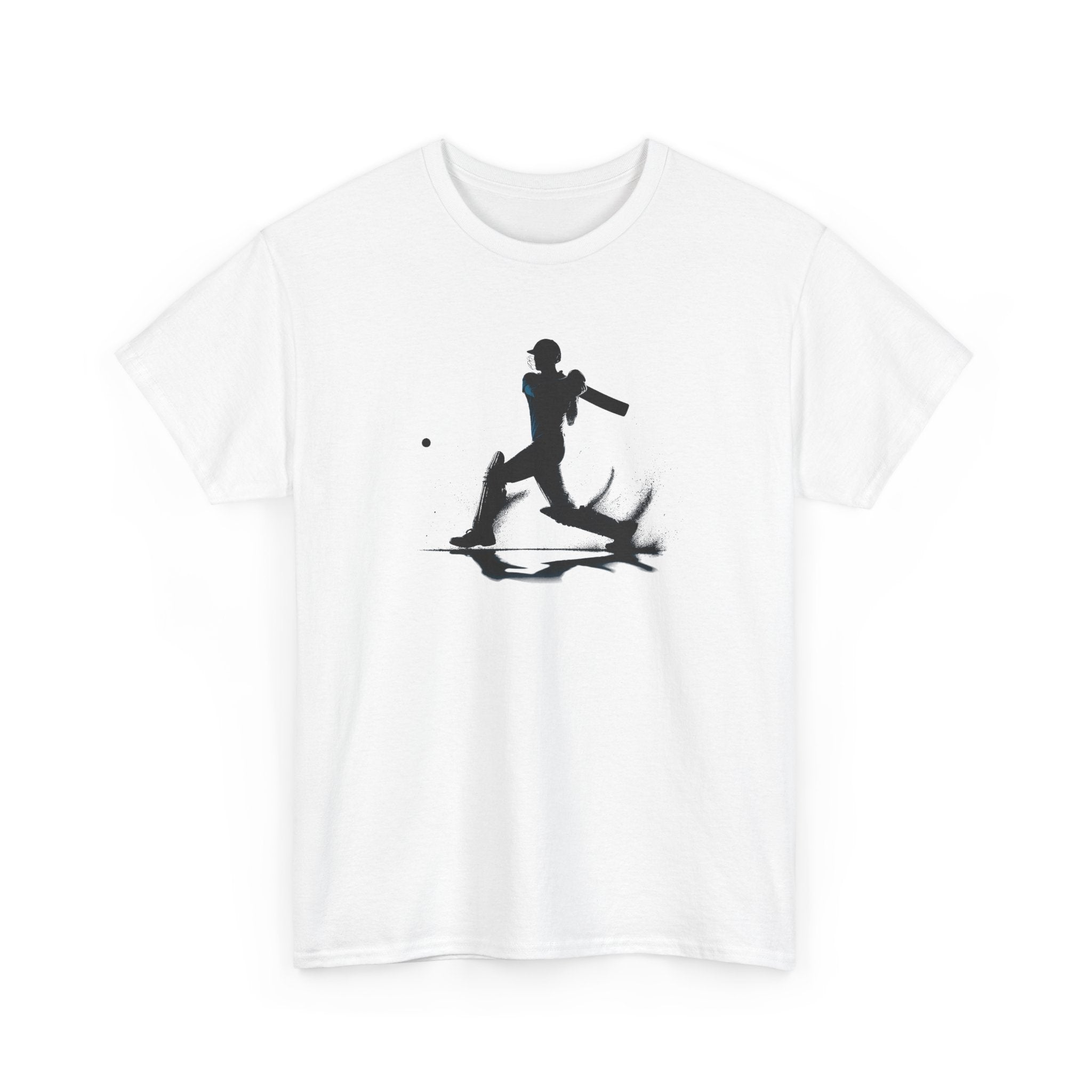 White t-shirt with black graphic of a person playing cricket and a ball on a white background