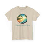 a beach graphic with palm trees and ocean in the middle with the text 'happiness comes in waves'