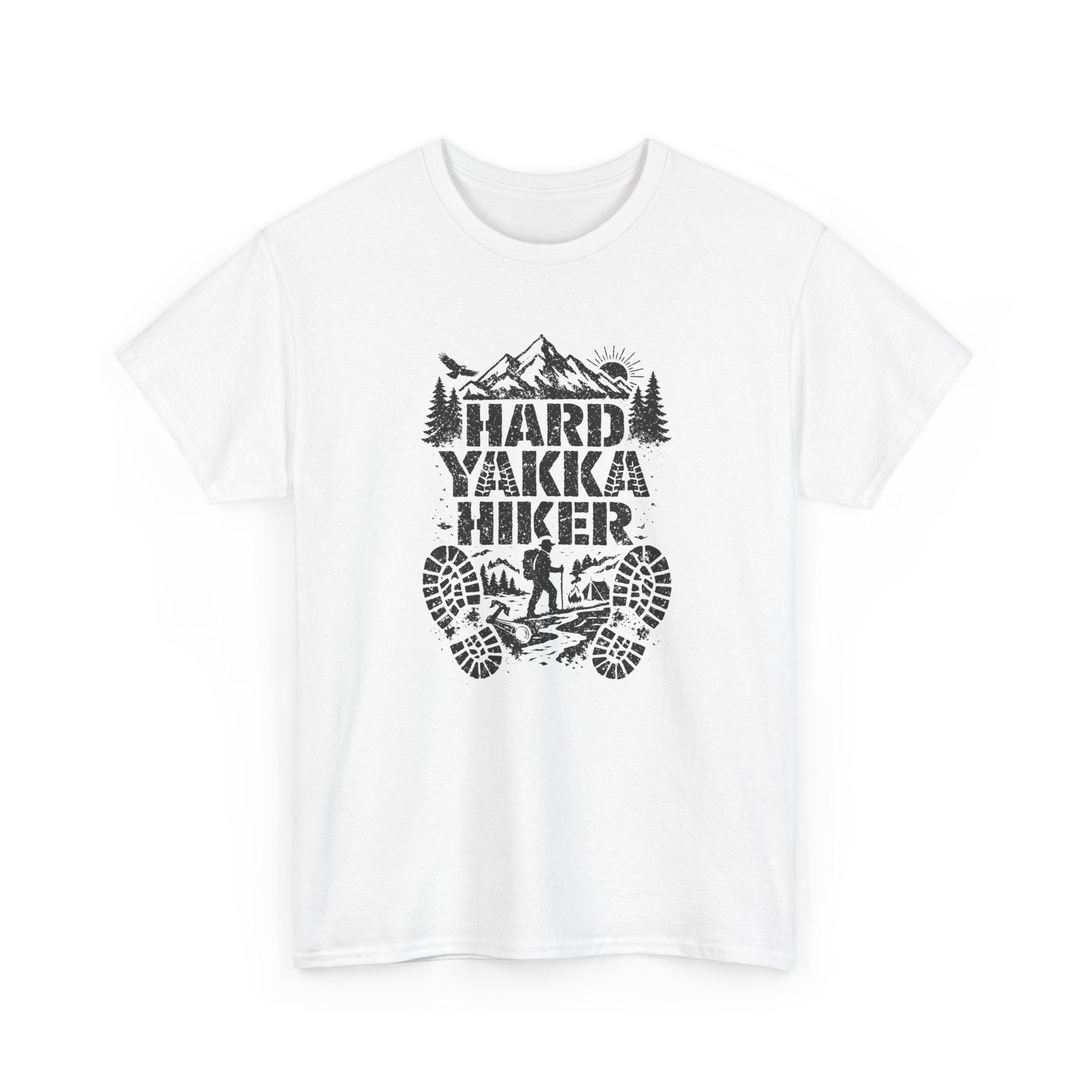 Hard Yakka Hiker T-Shirt — Outdoor Hiking Tee with Mountain Bootprint Design