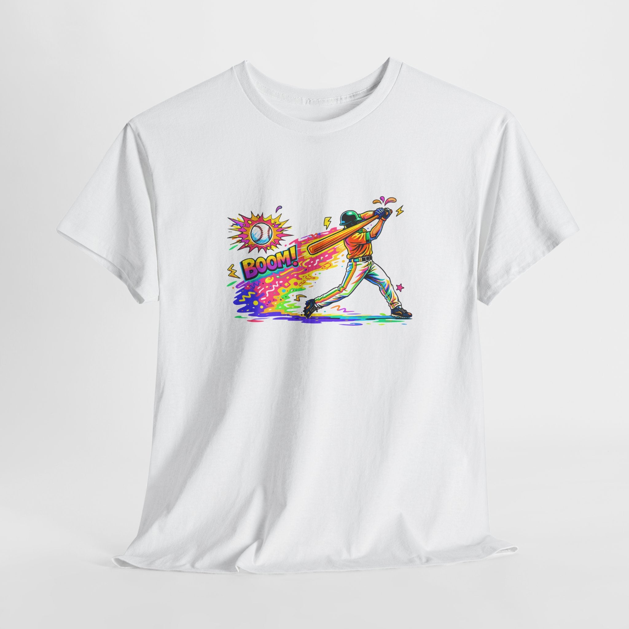 Baseball Batter Rainbow Blast Tee — 'Boom!' Graphic Sports T-Shirt