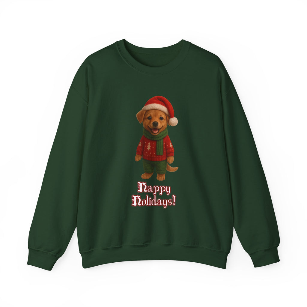 Crewneck Sweatshirt — Cute Puppy in Santa Outfit “Happy Holidays!” Christmas Sweater