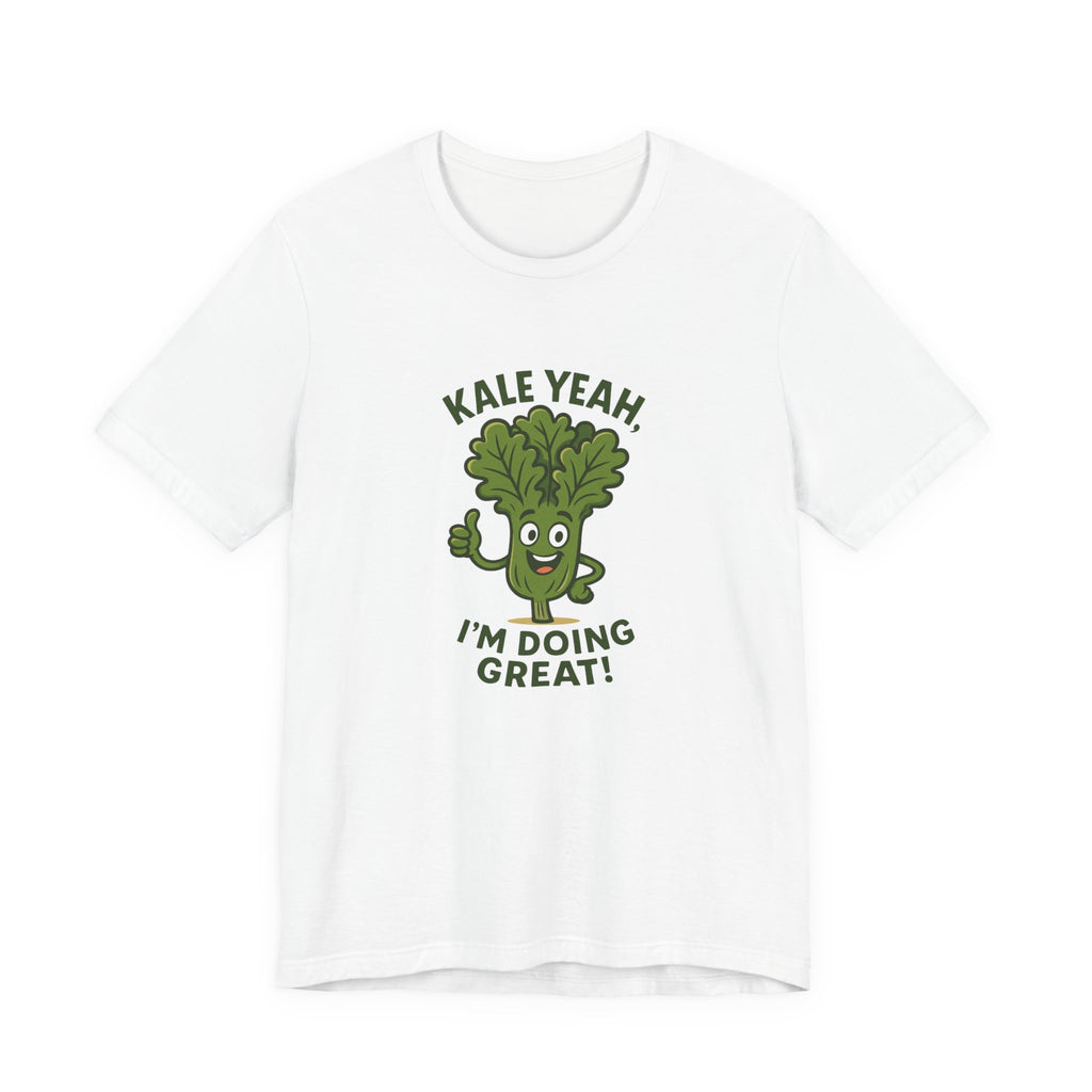 Cute cartoon kale character giving a thumbs-up with bold green text reading ‘Kale Yeah, I’m Doing Great!’.