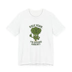Cute cartoon kale character giving a thumbs-up with bold green text reading ‘Kale Yeah, I’m Doing Great!’.