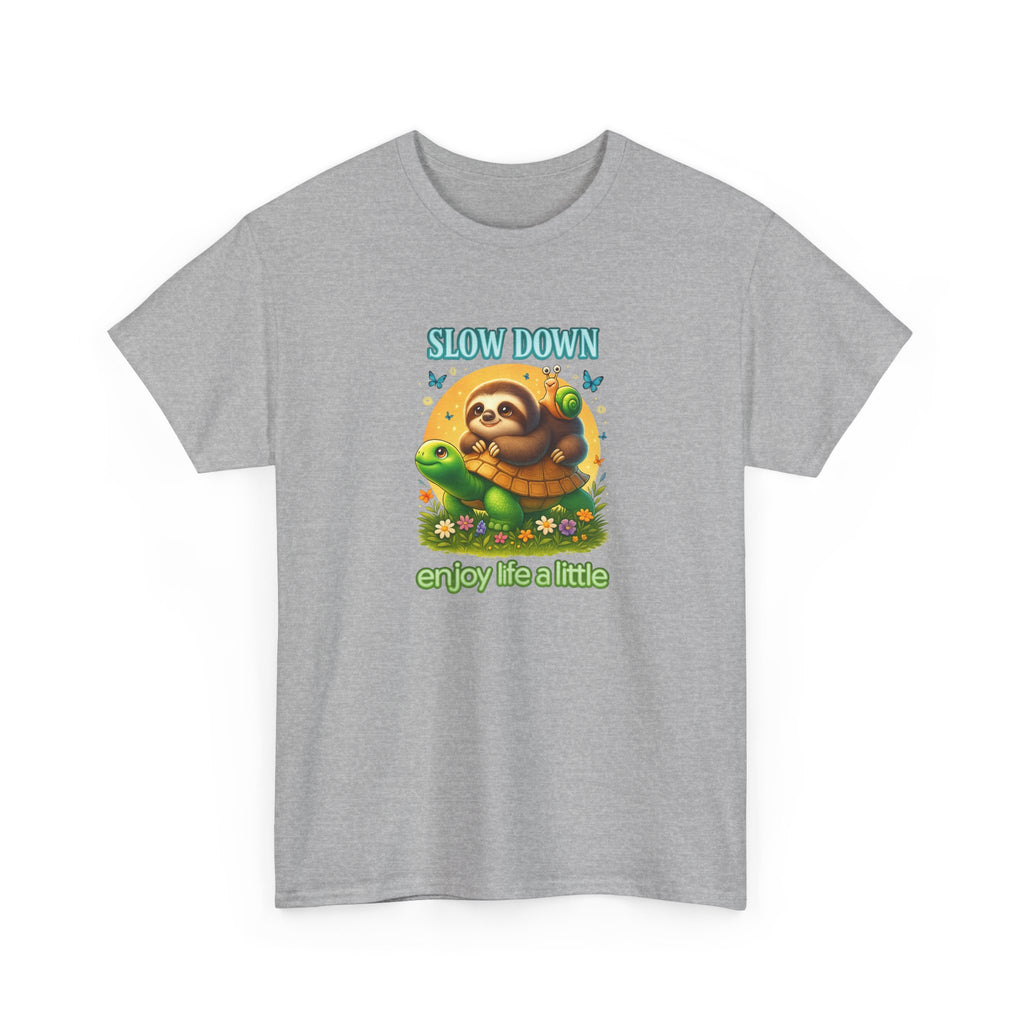 Slow Down Turtle Sloth & Snail V-Neck Tee — "Enjoy Life a Little" Relaxed Graphic Shirt