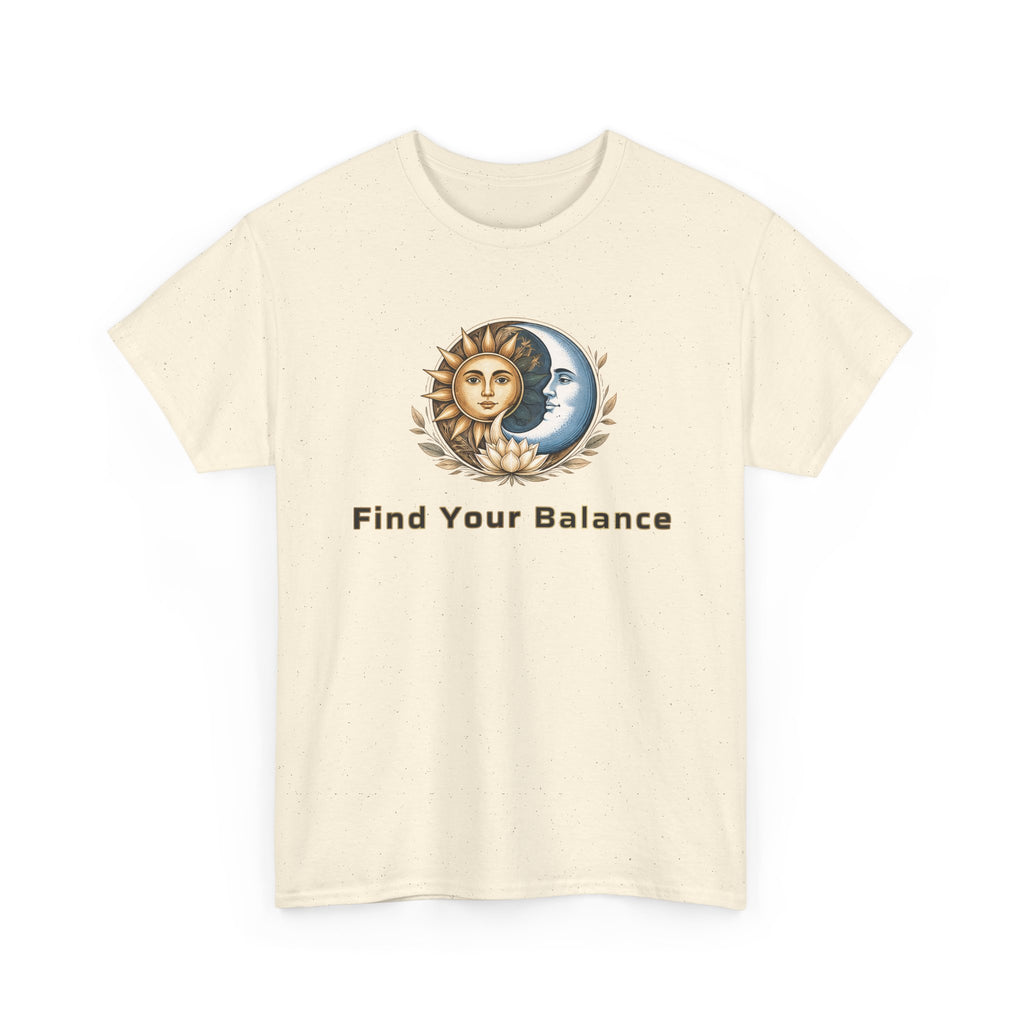 Beige t-shirt with sun and moon design and 'Find Your Balance' text on a white background
