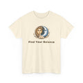 Beige t-shirt with sun and moon design and 'Find Your Balance' text on a white background