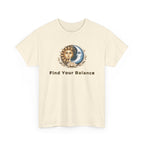 Beige t-shirt with sun and moon design and 'Find Your Balance' text on a white background