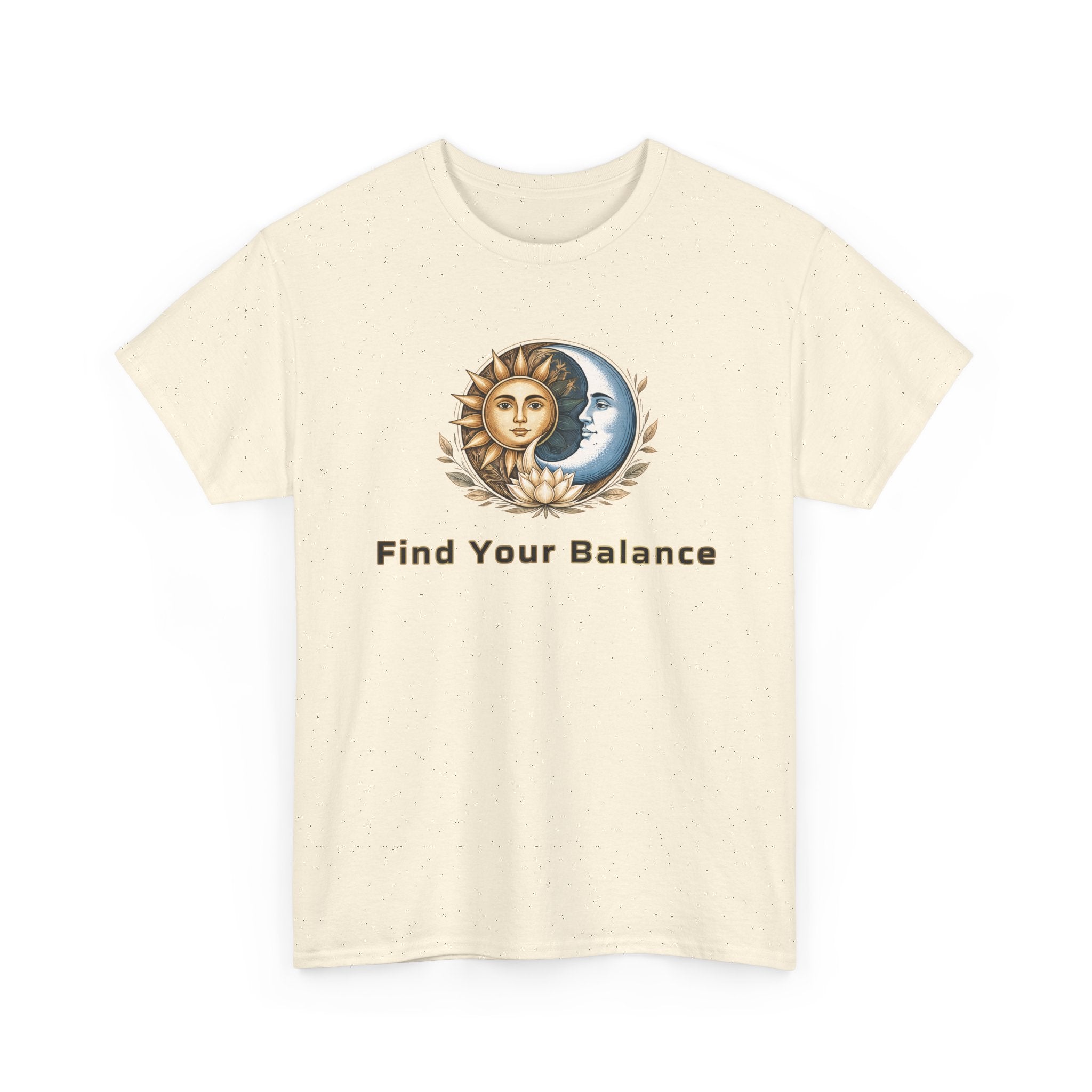 Beige t-shirt with sun and moon design and 'Find Your Balance' text on a white background