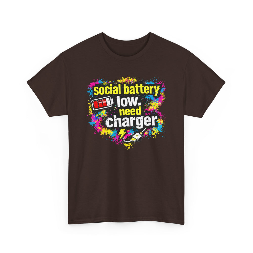 Social Battery Low Need Charger T-Shirt — Funny Sarcastic Introvert Graphic Tee