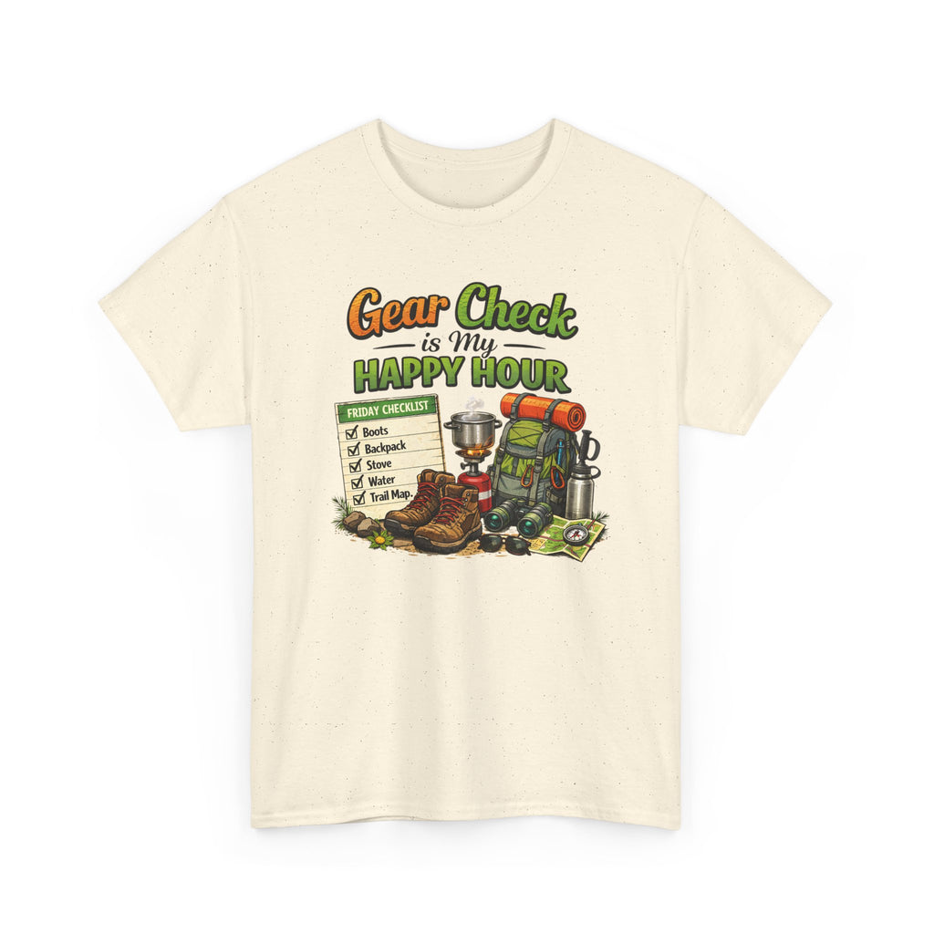 Camping Gear Check T-Shirt — "Gear Check is My Happy Hour" Travel & Outdoor Tee