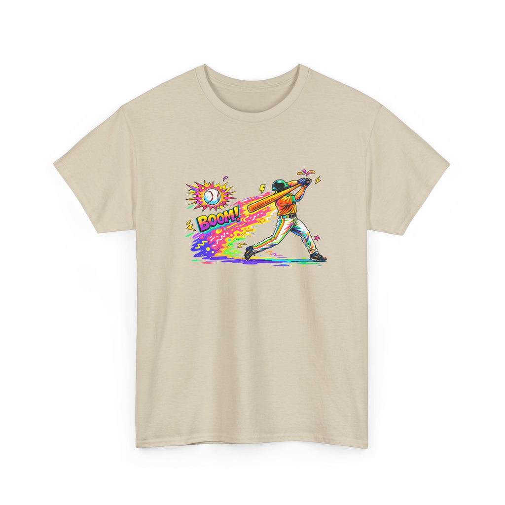 Baseball Batter Rainbow Blast Tee — 'Boom!' Graphic Sports T-Shirt