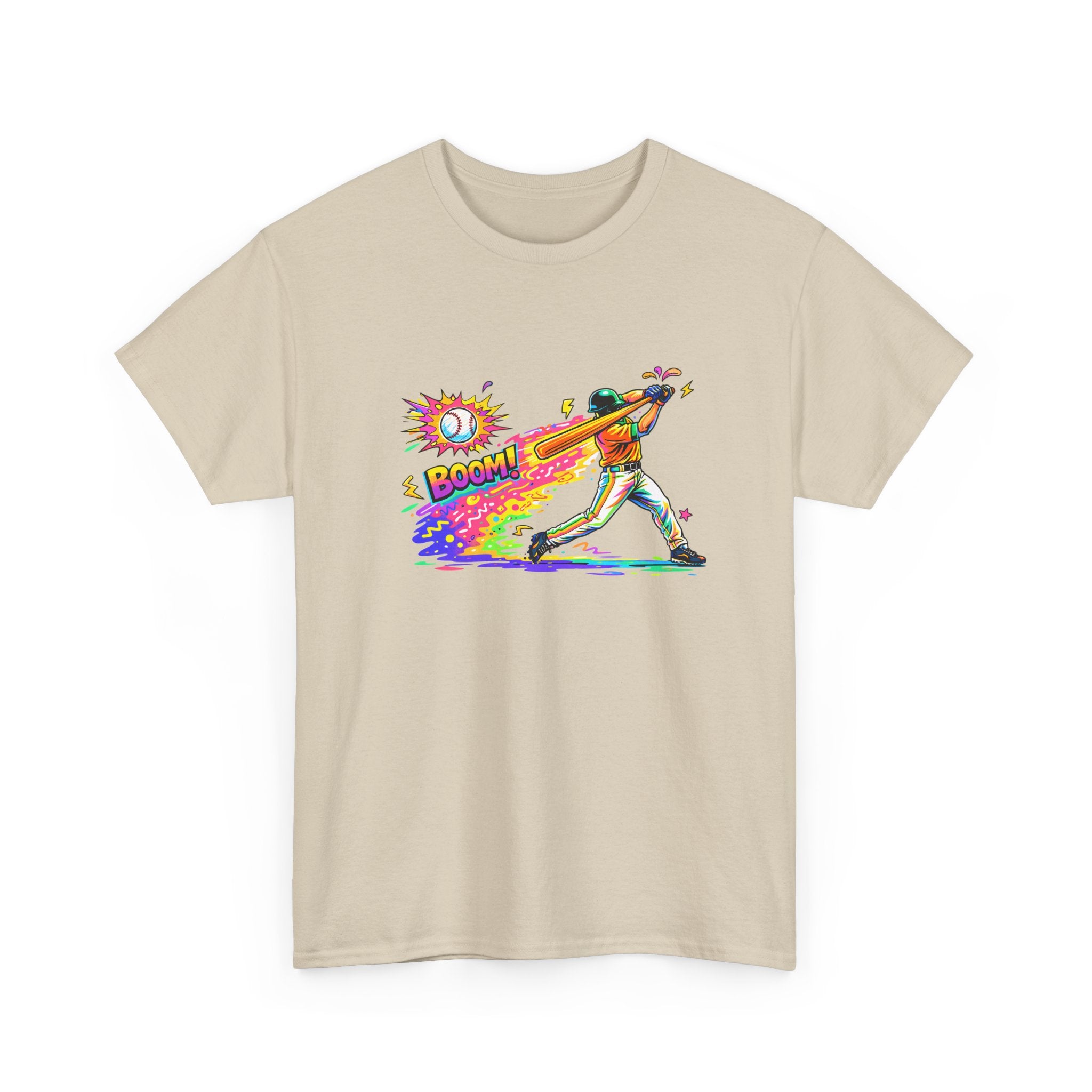 Baseball Batter Rainbow Blast Tee — 'Boom!' Graphic Sports T-Shirt